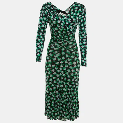 Pre-owned Diane Von Furstenberg Black Floral Print Jersey & Mesh Leia Midi Dress S