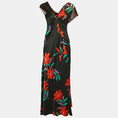 Pre-owned Diane Von Furstenberg Black Floral Print Satin Asymmetric Sleeveless Maxi Dress M
