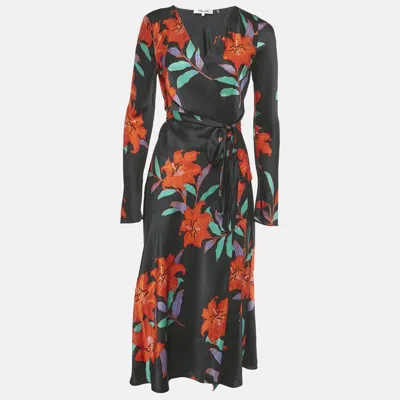 Pre-owned Diane Von Furstenberg Black Floral Print Silk Midi Wrap Dress M