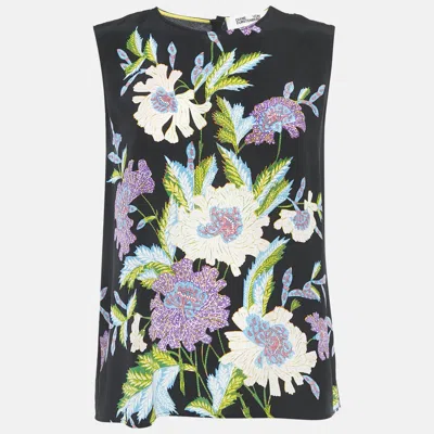 Pre-owned Diane Von Furstenberg Black Floral Print Silk Sleeveless Top M