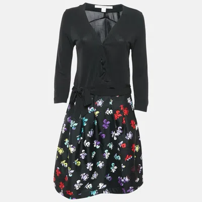 Pre-owned Diane Von Furstenberg Black Floral Print Wool Blend And Jersey Jewel Wrap Dress M