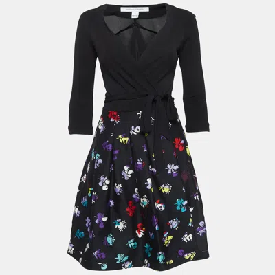 Pre-owned Diane Von Furstenberg Black Floral Printed Wool And Silk Wrap Dress S