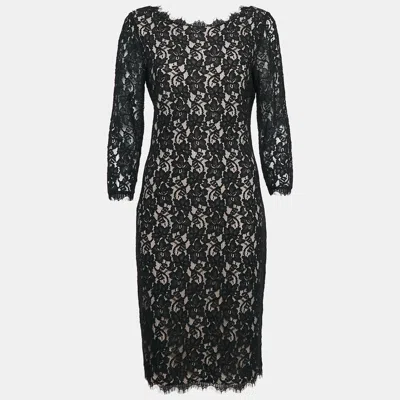 Pre-owned Diane Von Furstenberg Black Lace Colleen Long Sheath Dress L