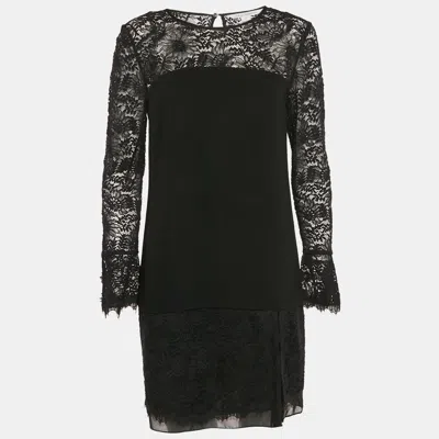 Pre-owned Diane Von Furstenberg Black Lace Trim Chiffon Lavana Dress M