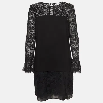 Pre-owned Diane Von Furstenberg Black Lavana Lace And Crepe Drop Waist Dress M