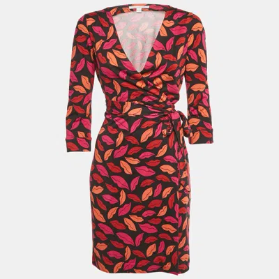 Pre-owned Diane Von Furstenberg Black Lips Print Silk Jersey Wrap Dress M