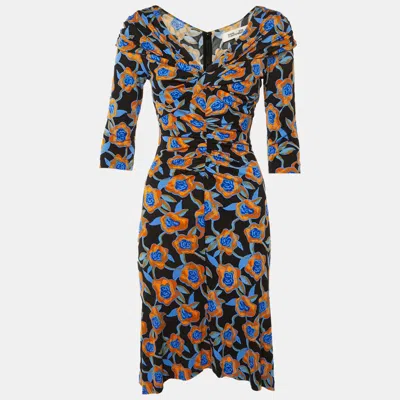 Pre-owned Diane Von Furstenberg Black Oracle Rose Print Jersey Jim Midi Dress Xs