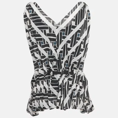 Pre-owned Diane Von Furstenberg Black Printed Silk Pleated Sade Top S