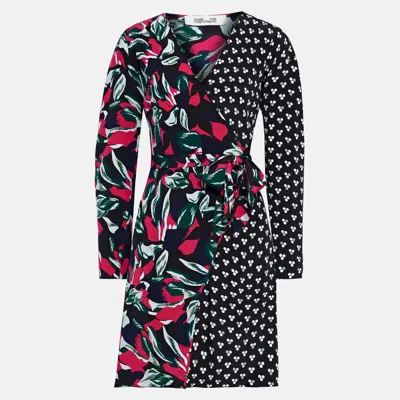 Pre-owned Diane Von Furstenberg Black Printed Silk Raven Wrap Dress M