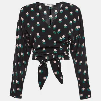 Pre-owned Diane Von Furstenberg Black Printed Tie-up Crop Top S