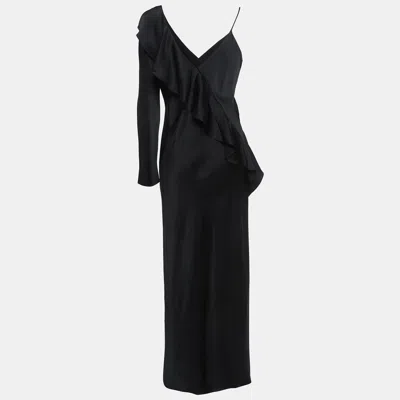 Pre-owned Diane Von Furstenberg Black Satin Asymmetric Sleeve Ruffled Maxi Dress M
