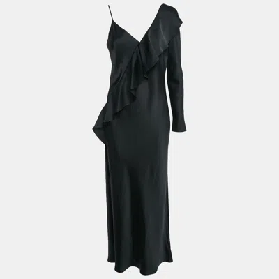 Pre-owned Diane Von Furstenberg Black Satin Ruffled One-shoulder Long Dress M