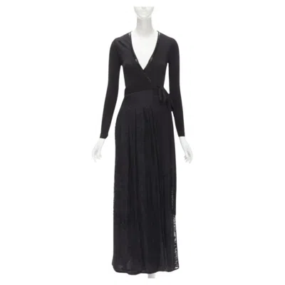 Pre-owned Diane Von Furstenberg Black Silk Bead Embellished Wrap Maxi Dress Us0 Xs