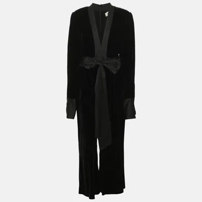 Pre-owned Diane Von Furstenberg Black Velvet Vegas Belted Jumpsuit L