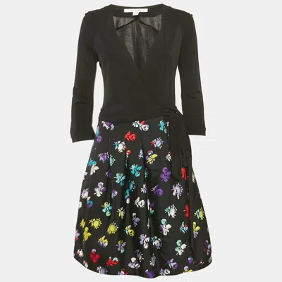 Pre-owned Diane Von Furstenberg Black Wool Blend And Jersey Pleated Wrap Jewel Dress M