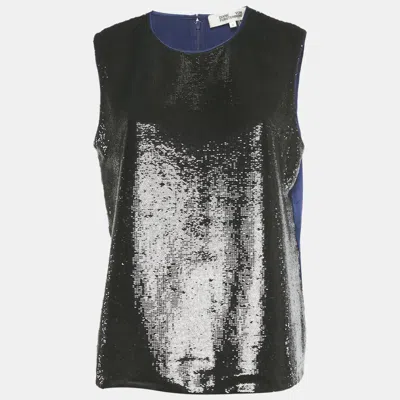 Pre-owned Diane Von Furstenberg Black/blue Sequined Satin Sleeveless Blouse M
