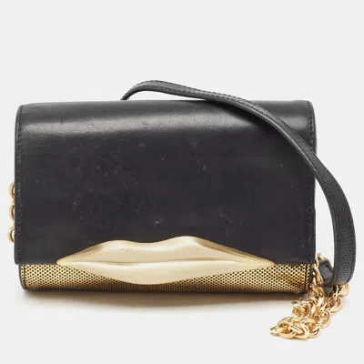 Pre-owned Diane Von Furstenberg Black/gold Lizard Embossed And Leather Carolina Lips Clutch Bag