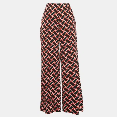 Pre-owned Diane Von Furstenberg Black/red Geometric Print Crepe Wide-leg Trousers M