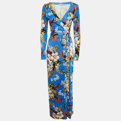 Pre-owned Diane Von Furstenberg Blue Floral Print Jersey Wrap Dress S