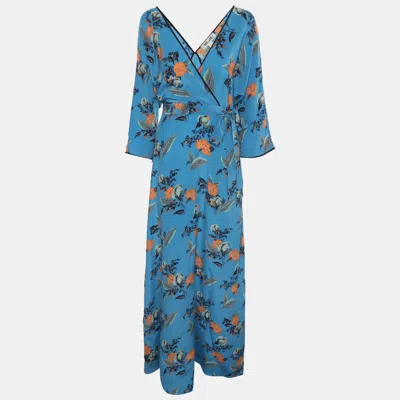 Pre-owned Diane Von Furstenberg Blue Floral Print Silk Belted Maxi Dress Xs