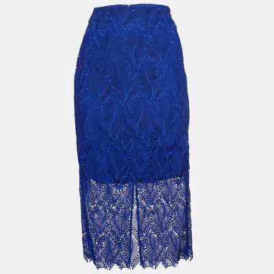 Pre-owned Diane Von Furstenberg Blue Lace Overlay Tailored Pencil Skirt S