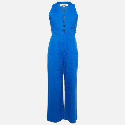 Pre-owned Diane Von Furstenberg Blue Linen Blend Sleeveless V-neck Jumpsuit M