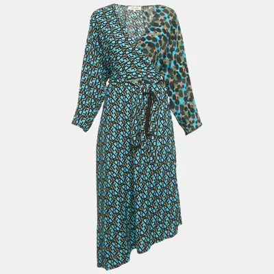 Pre-owned Diane Von Furstenberg Blue Printed Crepe Wrap Effect Eloise Midi Dress L