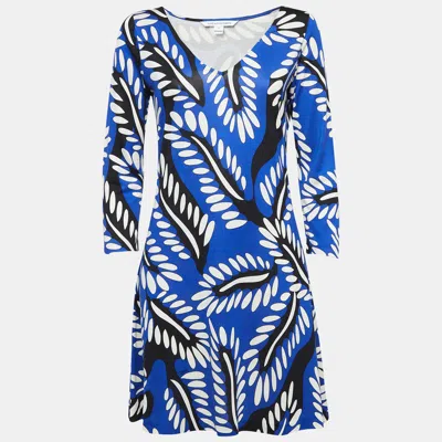 Pre-owned Diane Von Furstenberg Blue Printed Jersey Kaden Dress M