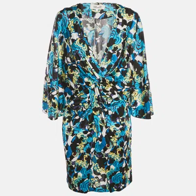 Pre-owned Diane Von Furstenberg Blue Printed Jersey Twist-front Emmaline Mini Dress M