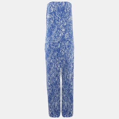 Pre-owned Diane Von Furstenberg Blue Printed Off-shoulder Jumpsuit Xl
