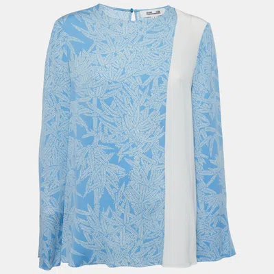 Pre-owned Diane Von Furstenberg Blue Printed Silk Contrast Top M