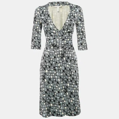 Pre-owned Diane Von Furstenberg Blue Printed Silk Jersey Wrap Dress M