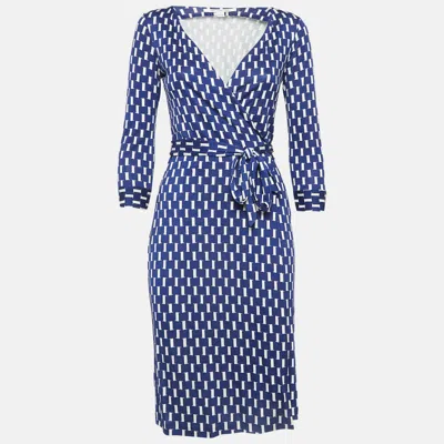 Pre-owned Diane Von Furstenberg Blue Printed Silk Jersey Wrap Dress Xs