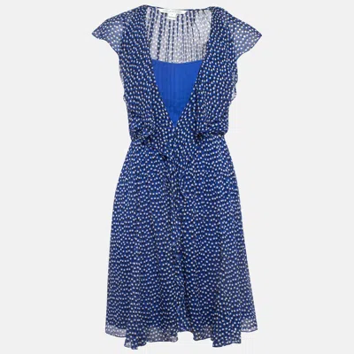 Pre-owned Diane Von Furstenberg Blue Printed Silk V Neck Ruffled Mini Dress Xs