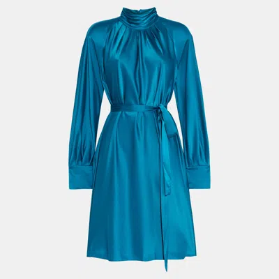 Pre-owned Diane Von Furstenberg Blue Satin Veda Belted Dress M
