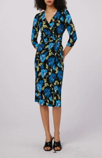 Diane Von Furstenberg Multicolor Floral Wrap Midi Dress With Elegant V-neckline In Blue
