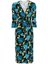 Diane Von Furstenberg Multicolor Floral Wrap Midi Dress With Elegant V-neckline In Black