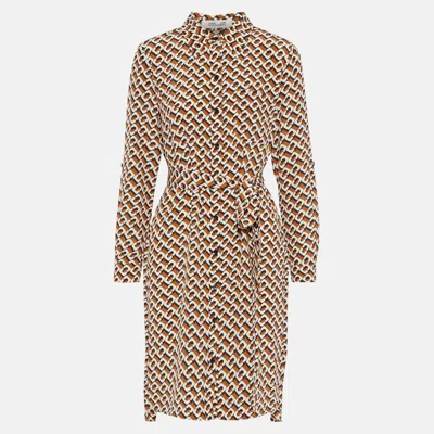 Pre-owned Diane Von Furstenberg Brown Chain Print Silk Belted Dress M