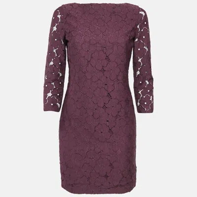Pre-owned Diane Von Furstenberg Burgundy Sarita Flower Lace Shift Dress S