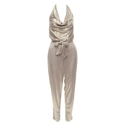 Diane Von Furstenberg Carolette Liquid Metal Halter Backless Jumpsuit In Gold