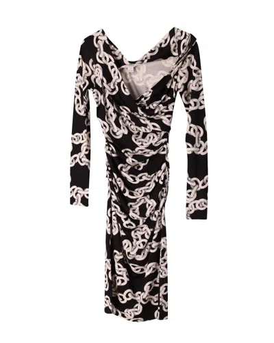 Diane Von Furstenberg Chain Printed Wrap Dress In Black Silk