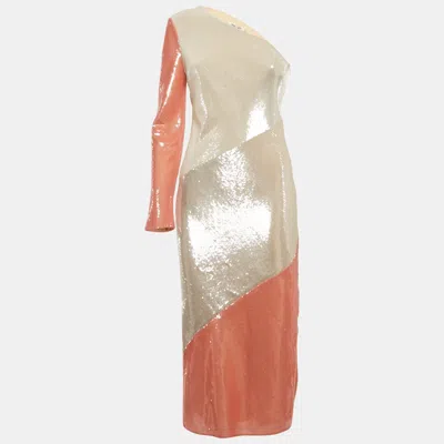 Pre-owned Diane Von Furstenberg Champagne/pink Paneled One Shoulder Dress S