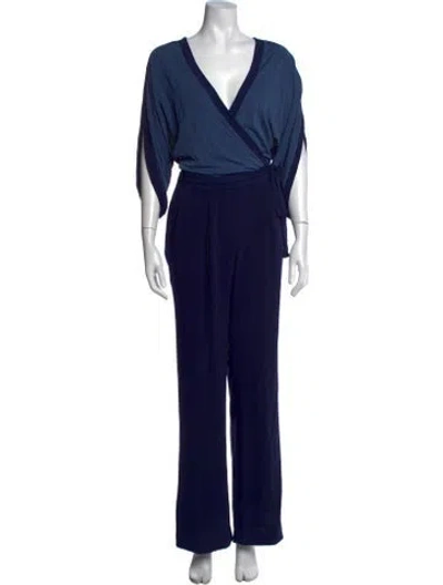 Pre-owned Diane Von Furstenberg Colorblock Pattern V-neck Jumpsuit In Blue