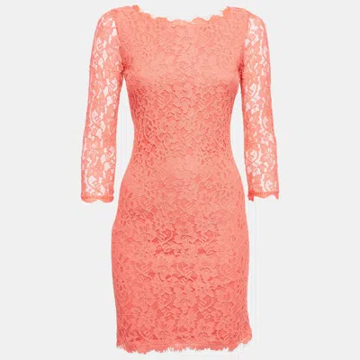 Pre-owned Diane Von Furstenberg Coral Pink Lace Long Sleeve Mini Dress S