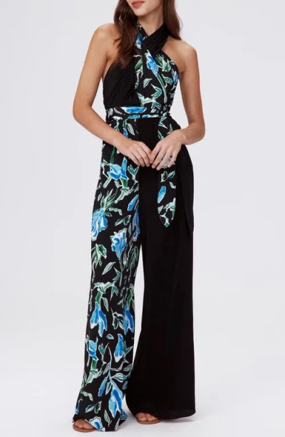 Diane Von Furstenberg Cort Mixed Print Halter Jumpsuit In Tulip Fields Blue/black