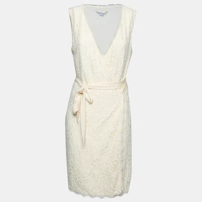 Pre-owned Diane Von Furstenberg Cream Lace Wrap Dress L