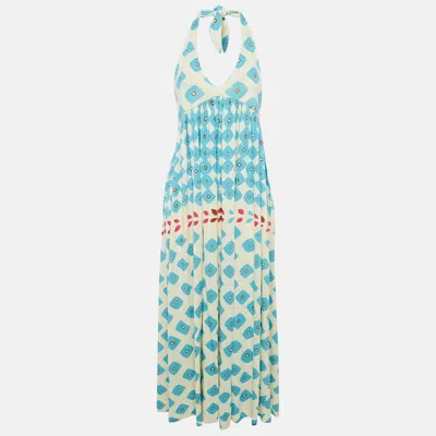 Pre-owned Diane Von Furstenberg Cream Printed Linen Blend Knit Halter Neck Franz Maxi Dress M
