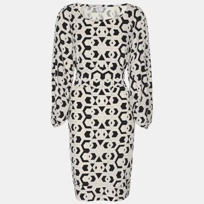 Pre-owned Diane Von Furstenberg Cream/black Printed Silk Belted Dress S In White