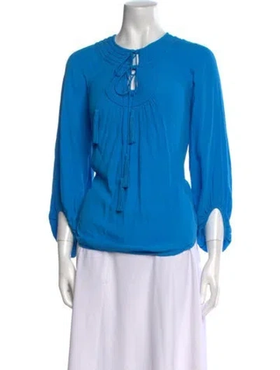 Pre-owned Diane Von Furstenberg Crew Neck Three-quarter Sleeve Blouse In Blue