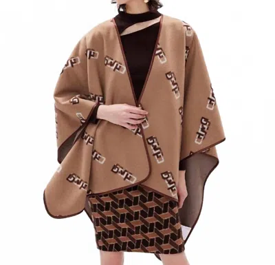 Diane Von Furstenberg Curtis Knit Jacquard Cape In Dvf Logo Camel In Brown
